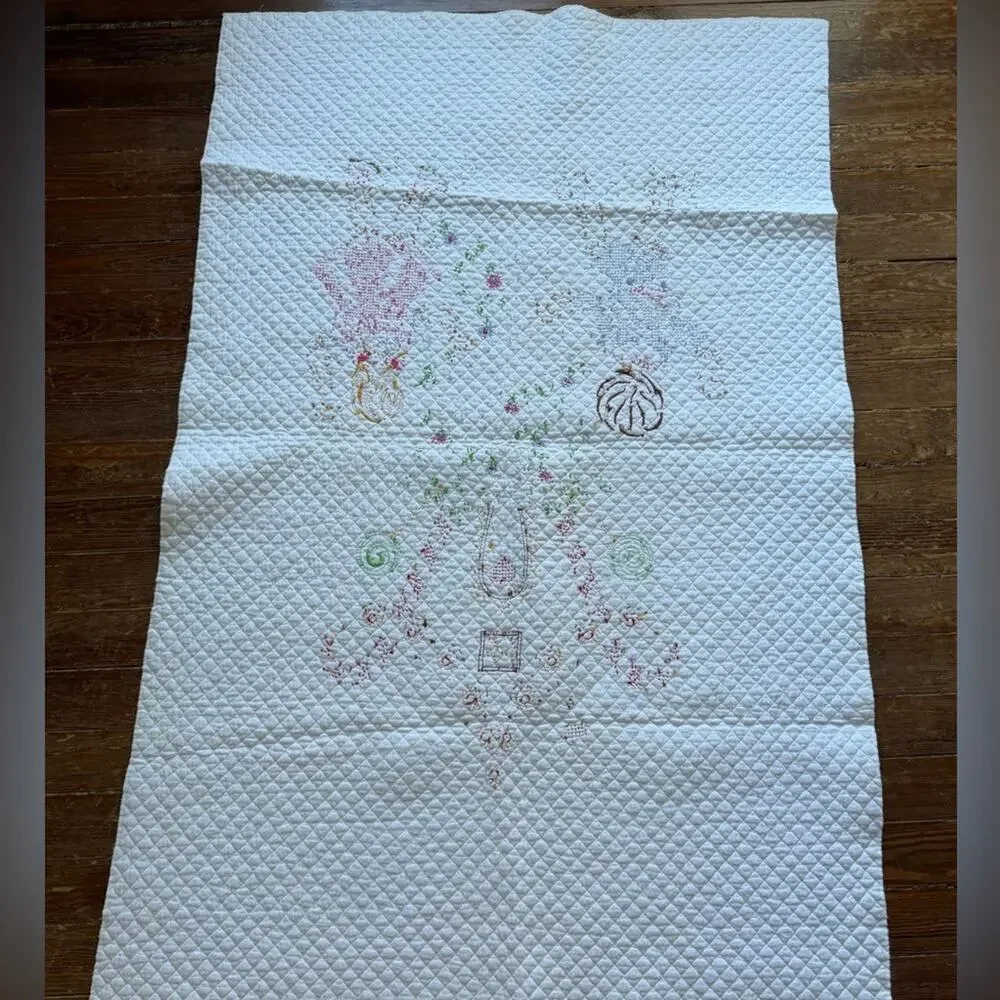 Vintage Handmade Embroidered Gingerbread House Baby Quilt 36x55